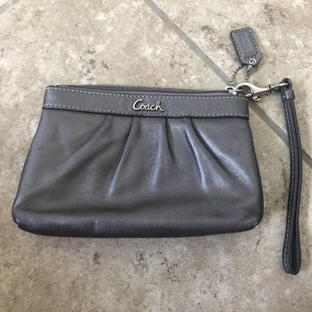 Coach Wristlet Metallic Grey Leather